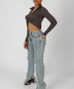 Public Desire UK Long Sleeve Collar Ruched Top Taupe