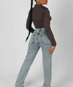 Public Desire UK Long Sleeve Collar Ruched Top Taupe