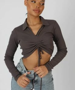 Public Desire UK Long Sleeve Collar Ruched Top Taupe