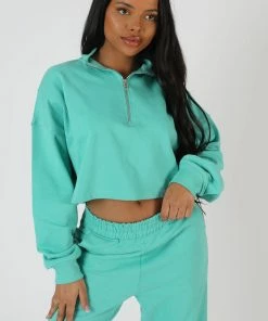 Public Desire UK Half Zip Crop Sweatshirt Peppermint