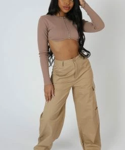 Public Desire UK Zip Through Underbust Ribbed Top Sand