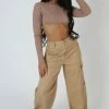 Public Desire UK KAIIA CLOTHING Wide Leg Pocket Detail Cargo Trouser Sand