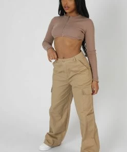 Public Desire UK KAIIA CLOTHING Wide Leg Pocket Detail Cargo Trouser Sand