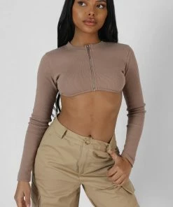 Public Desire UK Zip Through Underbust Ribbed Top Sand