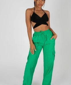 Public Desire UK SPLIT HEM WIDE LEG CARGO POCKET TROUSER GREEN