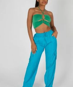 Public Desire UK KAIIA CLOTHING Slinky Loop Ruching Crop Top Green