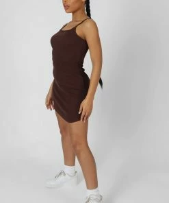 Public Desire UK Strappy Mini Curved Hem Dress Coffee