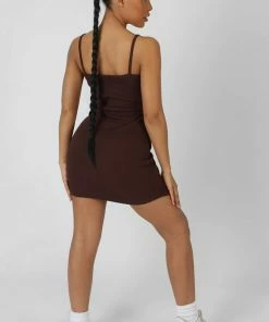 Public Desire UK Strappy Mini Curved Hem Dress Coffee