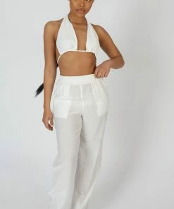 Public Desire UK Crinkle Elasticated Waist Wide Leg Trousers White KAIIA CLOTHING