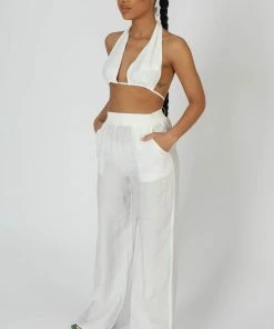 Public Desire UK Crinkle Elasticated Waist Wide Leg Trousers White KAIIA CLOTHING