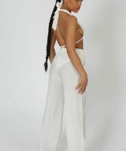 Public Desire UK Crinkle Elasticated Waist Wide Leg Trousers White KAIIA CLOTHING