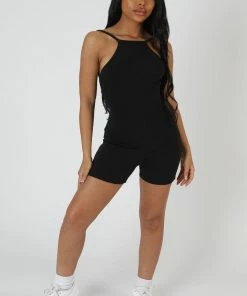 Public Desire UK Racer Low Back Ribbed Unitard Jumpsuit Black KAIIA CLOTHING