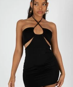 Public Desire UK Slinky Loop Ruching Sleeveless Mini Dress Black KAIIA CLOTHING