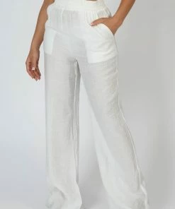 Public Desire UK Crinkle Elasticated Waist Wide Leg Trousers White KAIIA CLOTHING
