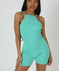 Public Desire UK Racer Low Back Ribbed Unitard Jumpsuit Peppermint KAIIA CLOTHING