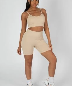 Public Desire UK KAIIA CLOTHING RIBBED CROP TOP AND SHORT CO-ORD SET SAND