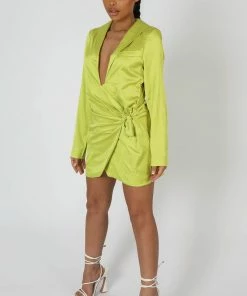 Public Desire UK Tie Waist Satin Blazer Dress Lime KAIIA CLOTHING