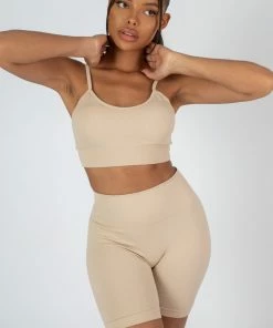 Public Desire UK KAIIA CLOTHING RIBBED CROP TOP AND SHORT CO-ORD SET SAND