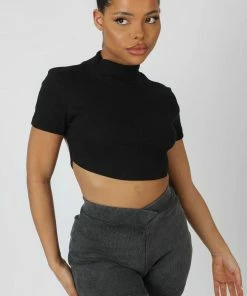Public Desire UK KAIIA CLOTHING High Neck Tie Back Crop Top Black