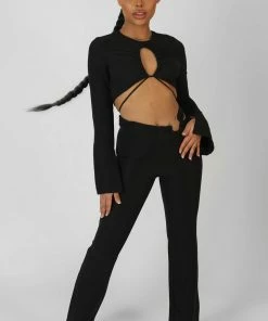 Public Desire UK KAIIA CLOTHING Loop Ruching Long Sleeve Top With Splits Black