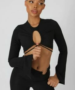 Public Desire UK KAIIA CLOTHING Loop Ruching Long Sleeve Top With Splits Black