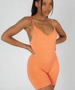 Public Desire UK SPACEDYE RIBBED SHORT UNITARD PEACH KAIIA CLOTHING