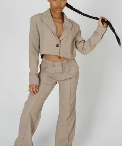 Public Desire UK KAIIA CLOTHING Oversized Boxy Cropped Blazer Stone