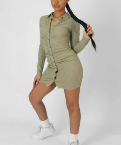 Public Desire UK Button Front Ruched Dress Khaki