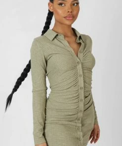 Public Desire UK Button Front Ruched Dress Khaki