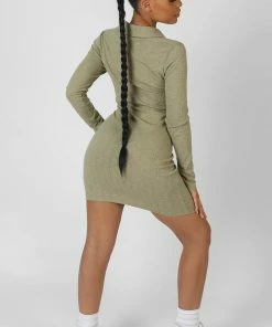 Public Desire UK Button Front Ruched Dress Khaki