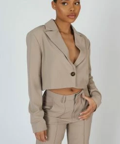 Public Desire UK KAIIA CLOTHING Oversized Boxy Cropped Blazer Stone