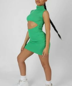 Public Desire UK Rib Cut Out Bodycon Mini Dress Green