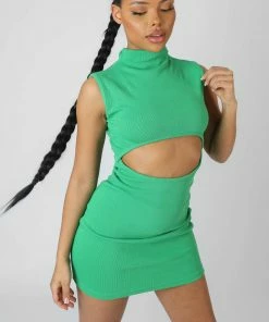 Public Desire UK Rib Cut Out Bodycon Mini Dress Green