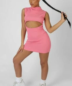 Public Desire UK KAIIA CLOTHING Rib Cut Out Bodycon Mini Dress Pink