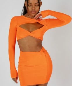 Public Desire UK SLINKY SKIRT AND TOP CO-ORD NEON ORANGE KAIIA CLOTHING