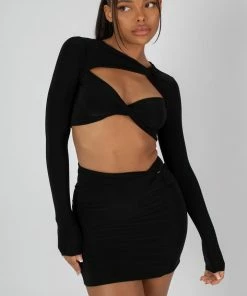 Public Desire UK KAIIA CLOTHING SLINKY SKIRT AND TOP CO-ORD NEON BLACK