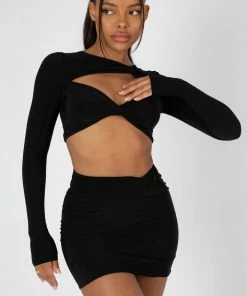 Public Desire UK KAIIA CLOTHING SLINKY SKIRT AND TOP CO-ORD NEON BLACK