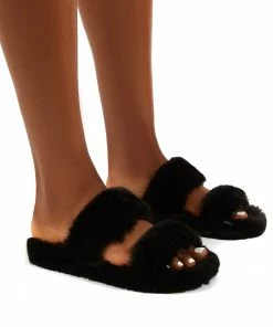 Public Desire UK Teddi Black Fluffy Double Strap Slider Faux Fur Slipper