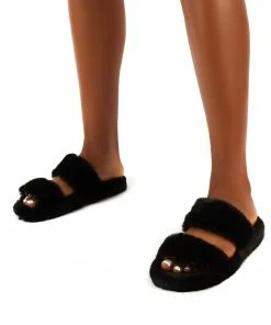 Public Desire UK Teddi Black Fluffy Double Strap Slider Faux Fur Slipper