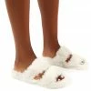 Public Desire UK FLATS Teddi White Fluffy Double Strap Slider Faux Fur Slipper