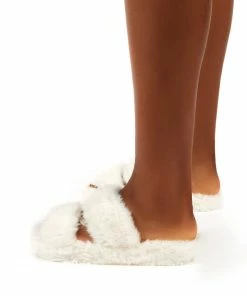 Public Desire UK FLATS Teddi White Fluffy Double Strap Slider Faux Fur Slipper