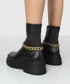 Public Desire UK TESSA BLACK CHUNKY CHAIN DETAIL ANKLE BOOTS