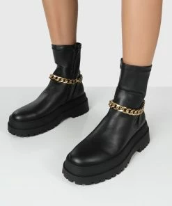 Public Desire UK TESSA BLACK CHUNKY CHAIN DETAIL ANKLE BOOTS