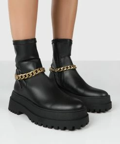 Public Desire UK TESSA BLACK CHUNKY CHAIN DETAIL ANKLE BOOTS