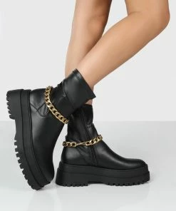 Public Desire UK TESSA BLACK CHUNKY CHAIN DETAIL ANKLE BOOTS