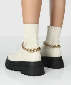 Public Desire UK TESSA CREAM CHUNKY CHAIN DETAIL ANKLE BOOTS