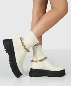 Public Desire UK TESSA CREAM CHUNKY CHAIN DETAIL ANKLE BOOTS