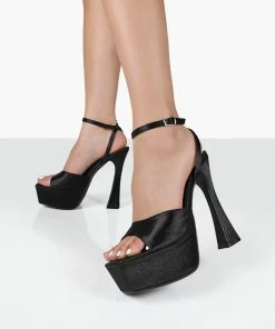 Public Desire UK Truce Black Satin Strappy Platform Party High Heels NEW IN