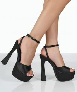 Public Desire UK Truce Black Satin Strappy Platform Party High Heels NEW IN