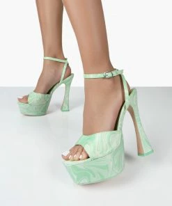 Public Desire UK Truce Green Print Satin Strappy Platform Party High Heels